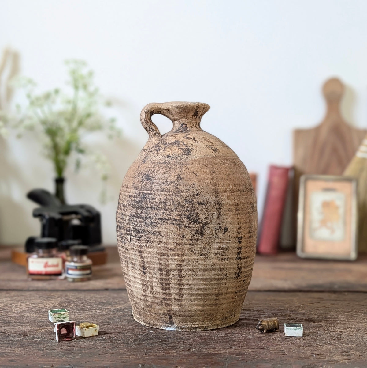 Large French Ribbed Stoneware Jug with Loop Handle