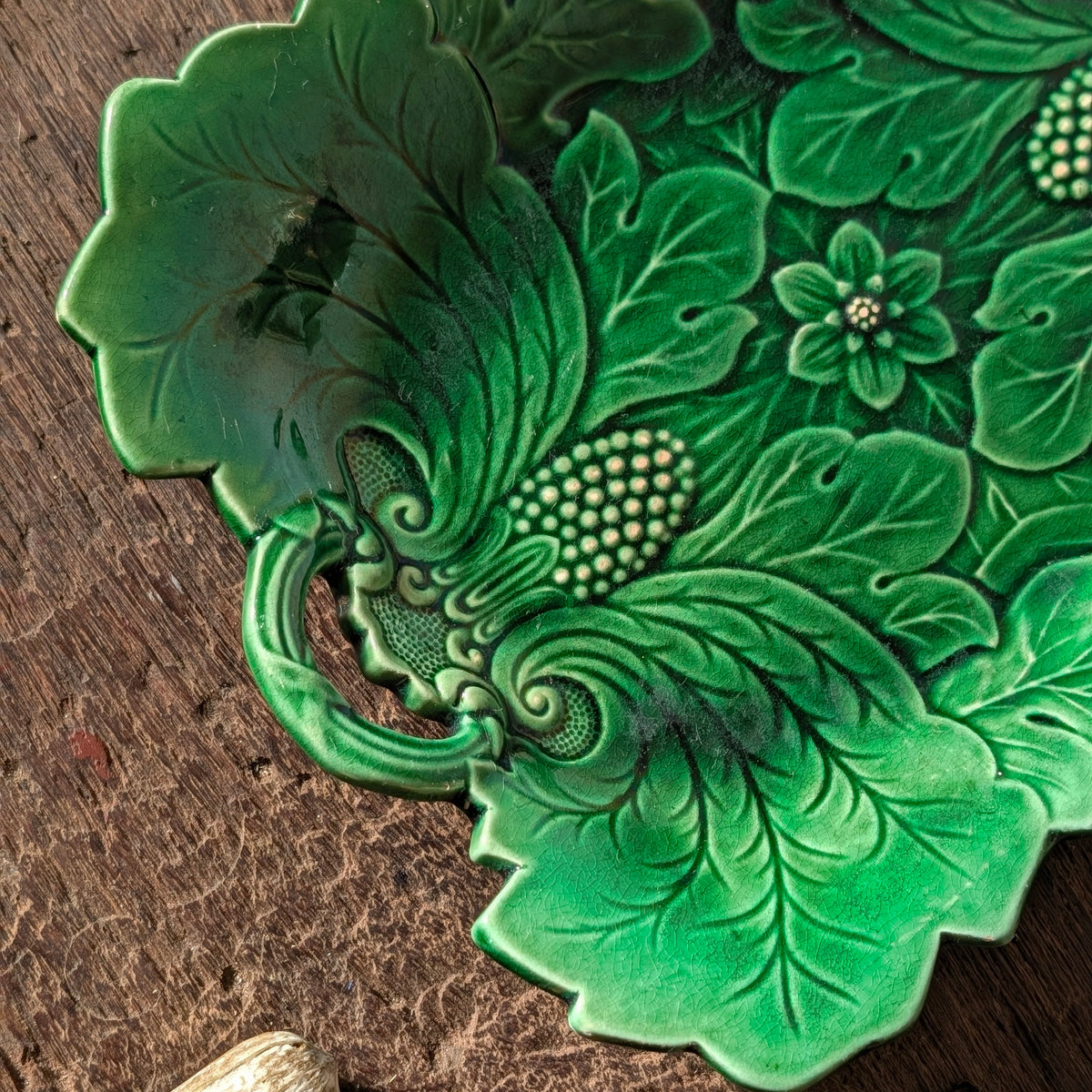Antique Green Majolica Poppy and Scrolling Leaf Serving Dish