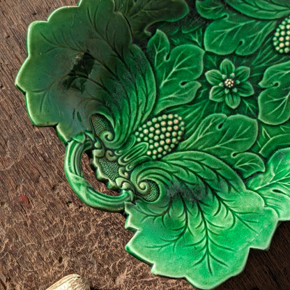 Antique Green Majolica Poppy and Scrolling Leaf Serving Dish