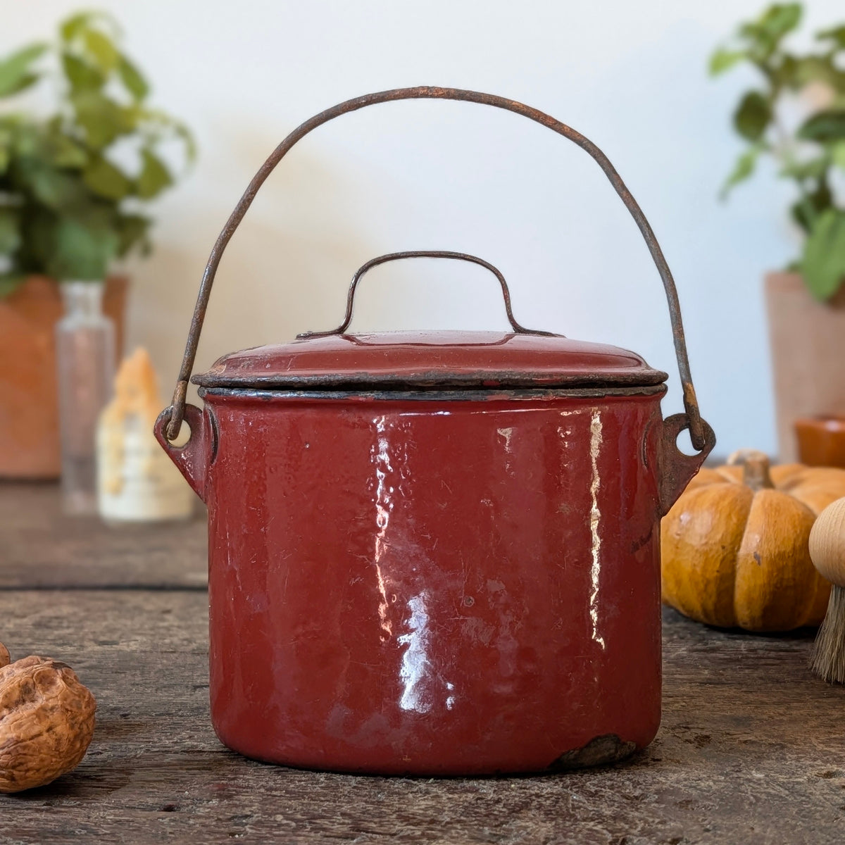 Deep Red Enamel Lidded Pot with Handle