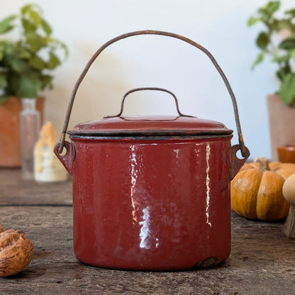 Deep Red Enamel Lidded Pot with Handle