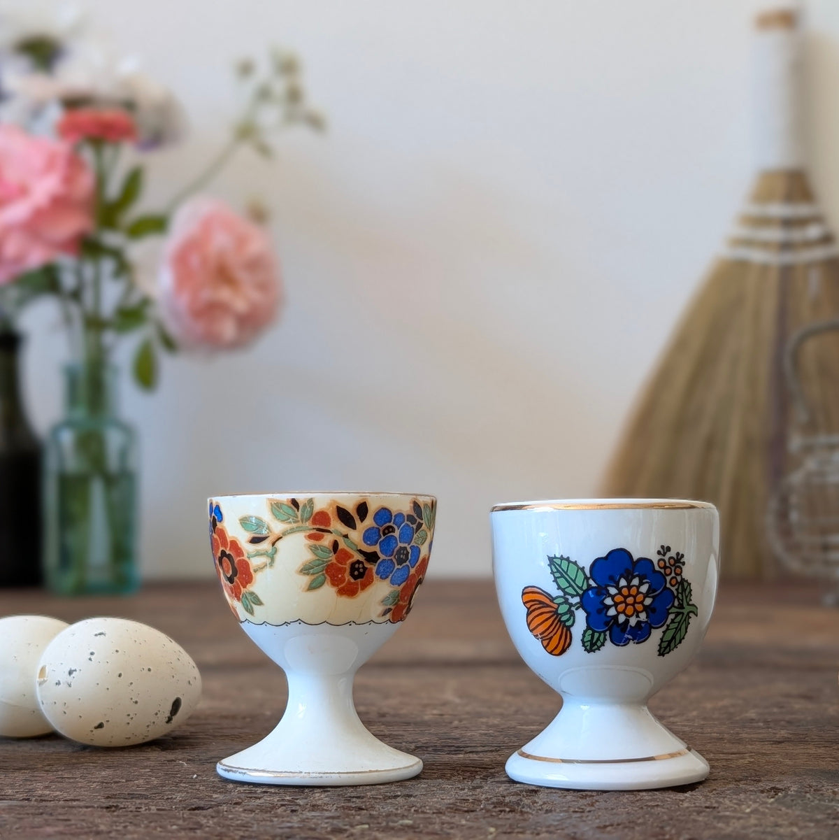 Pair of Mismatched Vintage Floral Egg Cups