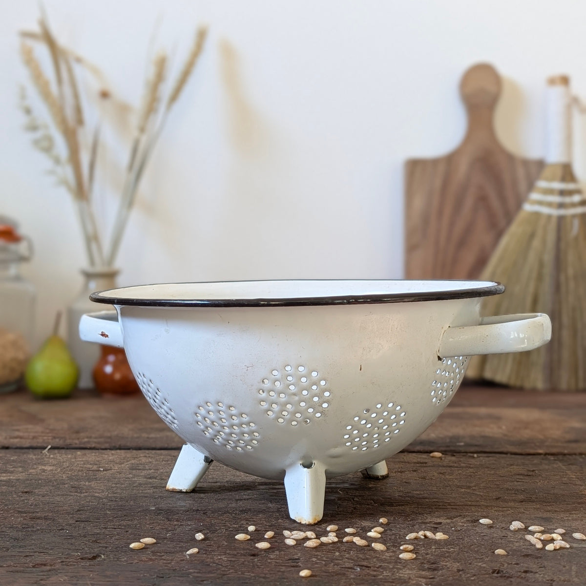 Vintage White & Black Enamel Footed Colander