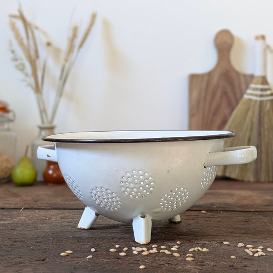 Vintage White & Black Enamel Footed Colander