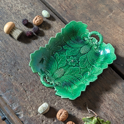 Antique Green Majolica Poppy and Scrolling Leaf Serving Dish