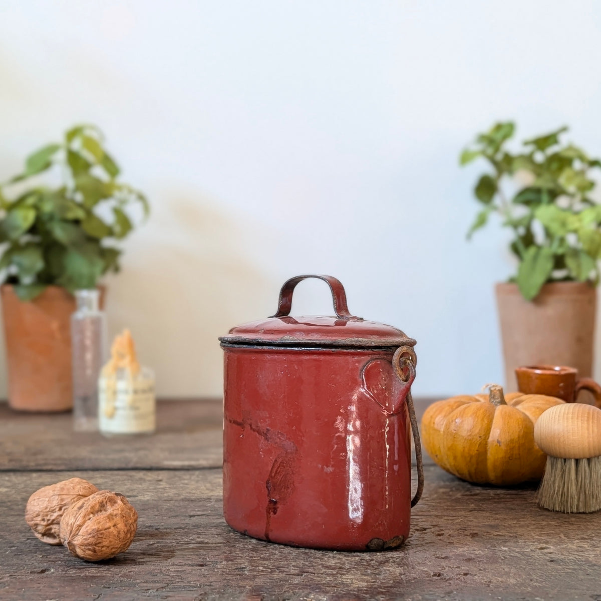 Deep Red Enamel Lidded Pot with Handle