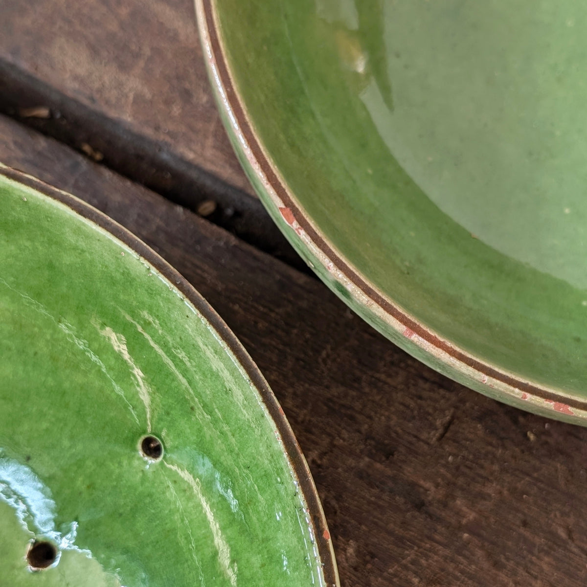 French Green Glazed Terracotta Colander and Bowl Set