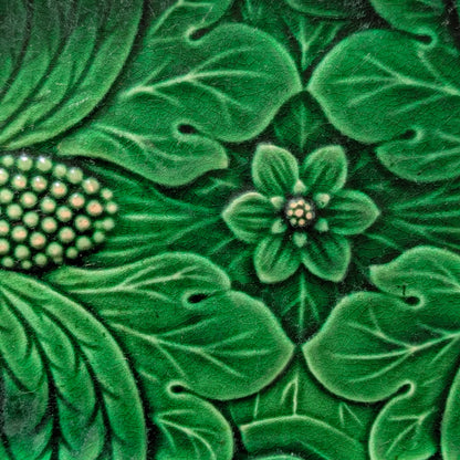 Antique Green Majolica Poppy and Scrolling Leaf Serving Dish
