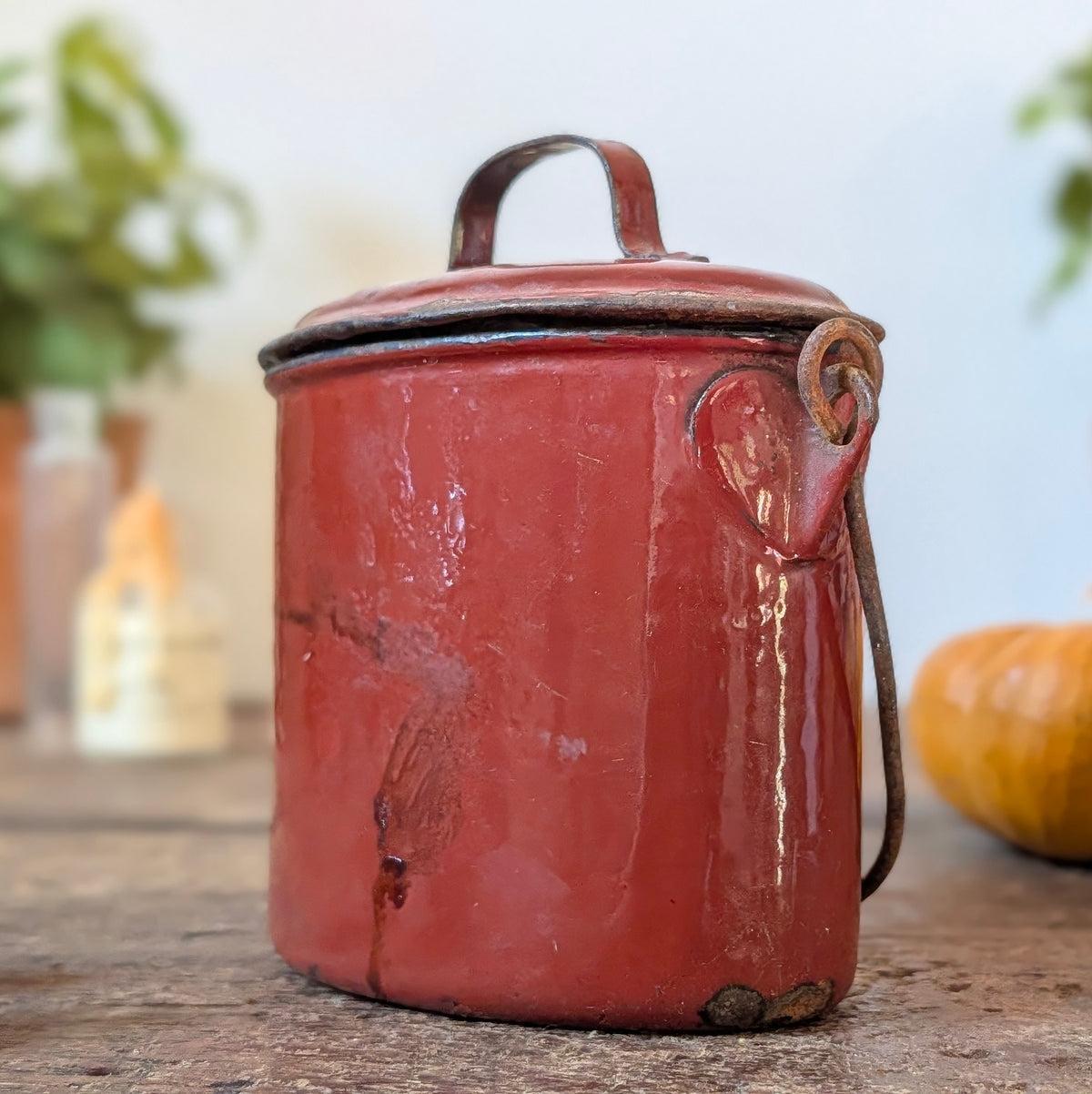 Deep Red Enamel Lidded Pot with Handle