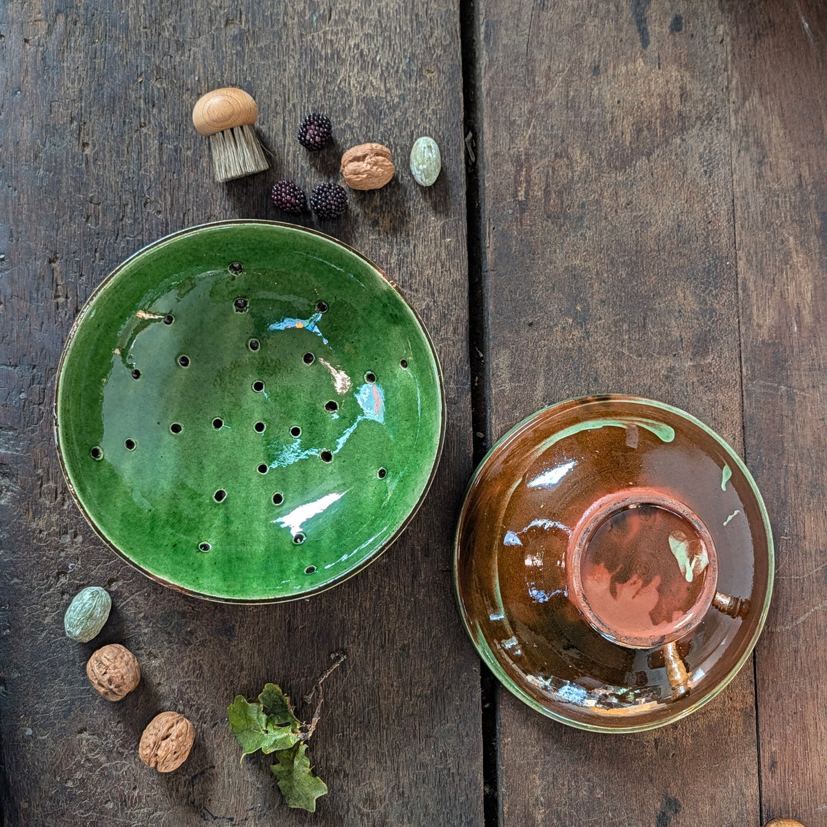 French Green Glazed Terracotta Colander and Bowl Set