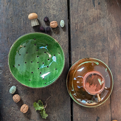 French Green Glazed Terracotta Colander and Bowl Set