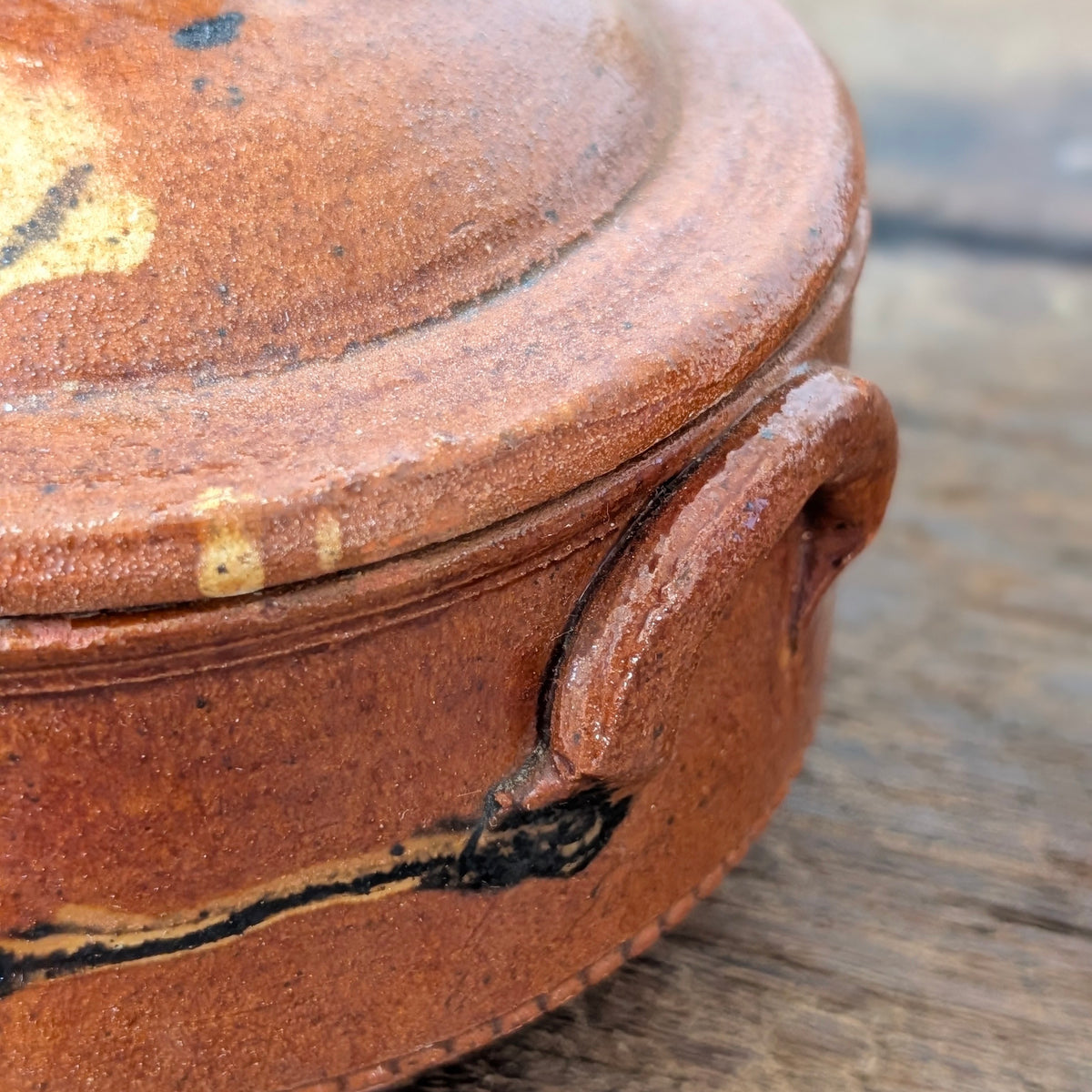 Terracotta Slipware Lidded Pot with Black & Yellow Glaze