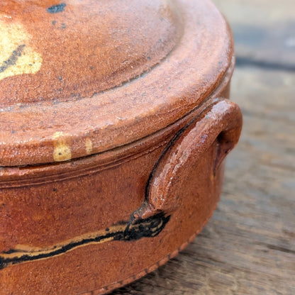 Terracotta Slipware Lidded Pot with Black & Yellow Glaze