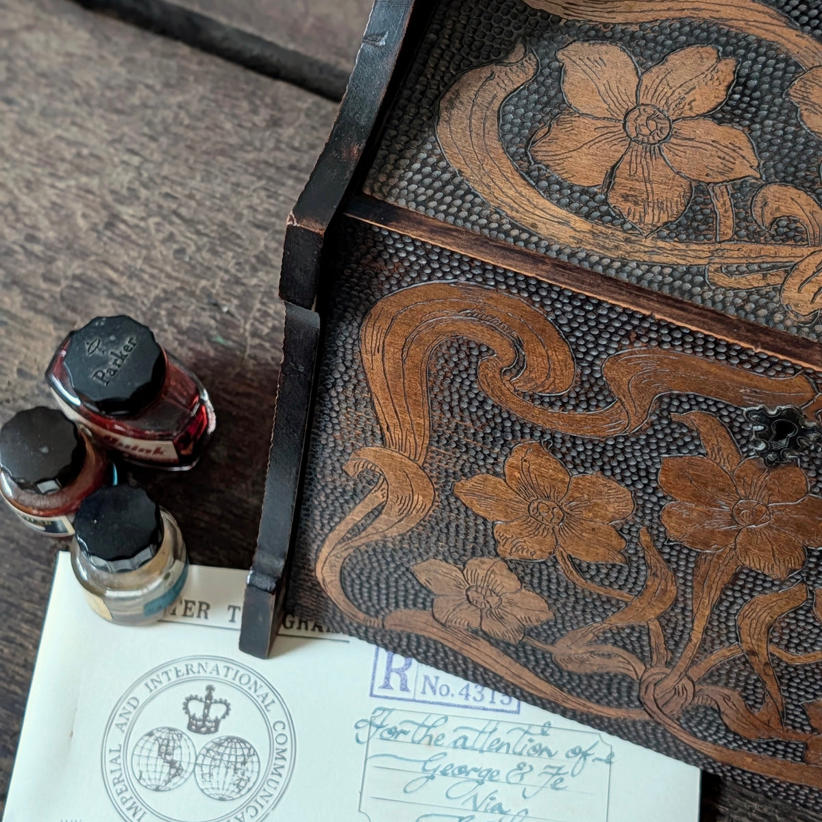Victorian Wooden Carved Letter Writing Box