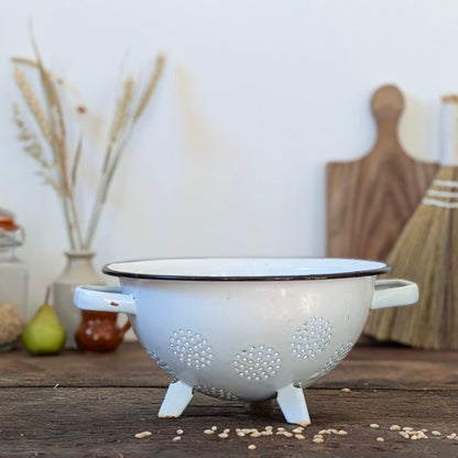 Vintage White & Black Enamel Footed Colander