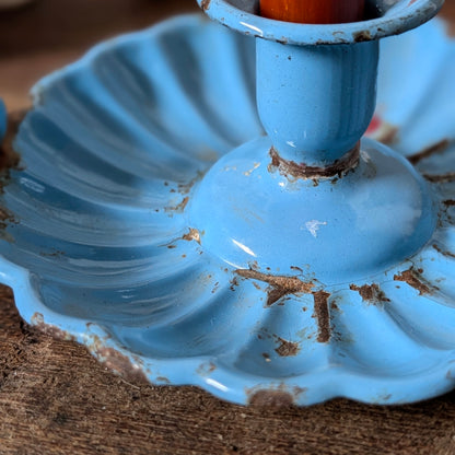 Blue Enamel Scalloped Chamberstick Candle Holder