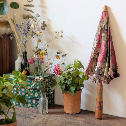Early 20th Century Floral Parasol with Painted Wooden Handle
