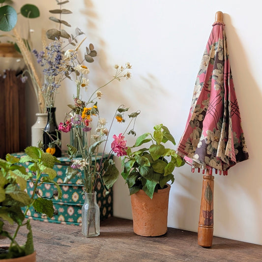 Early 20th Century Floral Parasol with Painted Wooden Handle