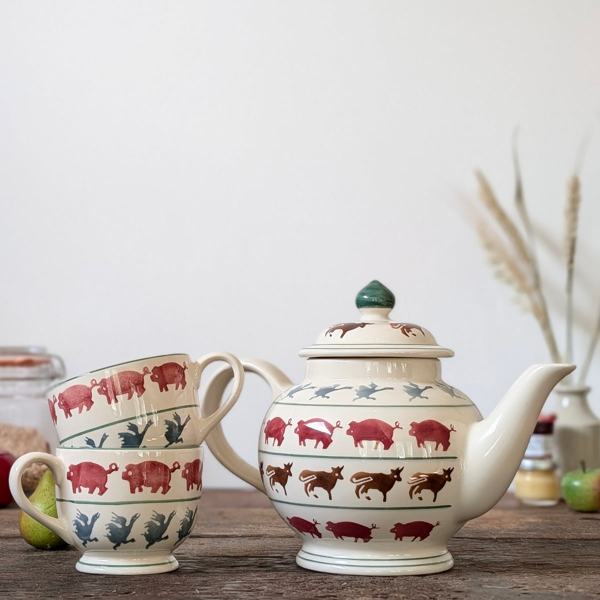 Vintage Emma Bridgewater Farmyard 2 Pint Teapot and Two Teacups (1999)