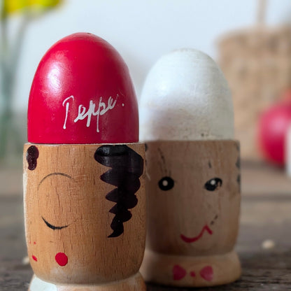 Vintage Wooden Salt and Pepper Face Pots