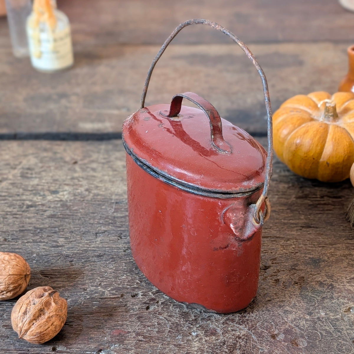 Deep Red Enamel Lidded Pot with Handle