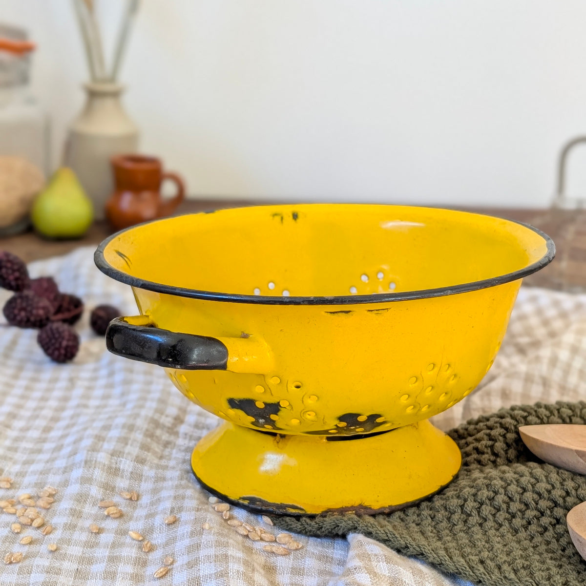 Yellow and Black Enamel Vintage Colander
