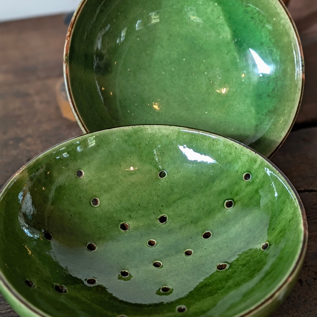 French Green Glazed Terracotta Colander and Bowl Set