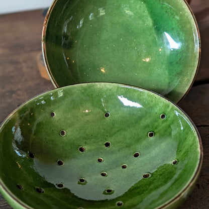French Green Glazed Terracotta Colander and Bowl Set