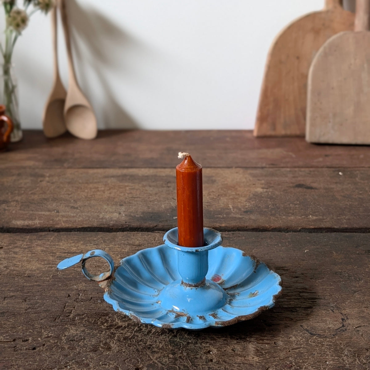 Blue Enamel Scalloped Chamberstick Candle Holder