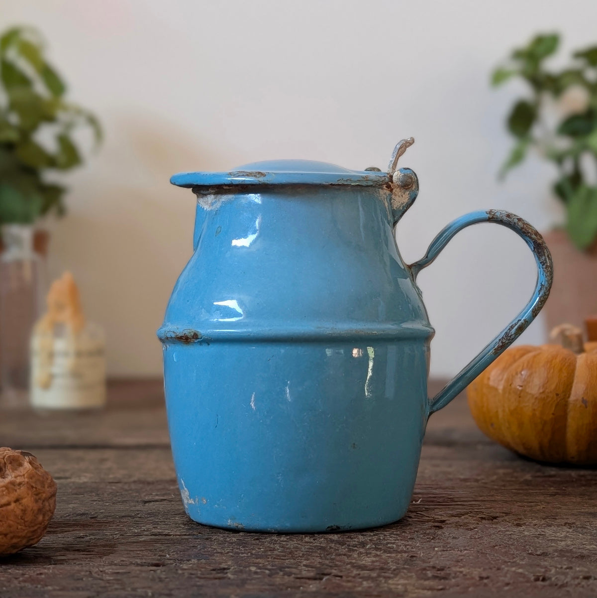 Blue Enamel Lidded Milk/Syrup Jug