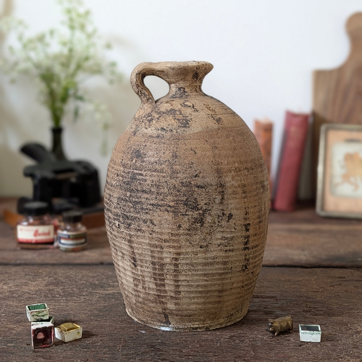 Large French Ribbed Stoneware Jug with Loop Handle