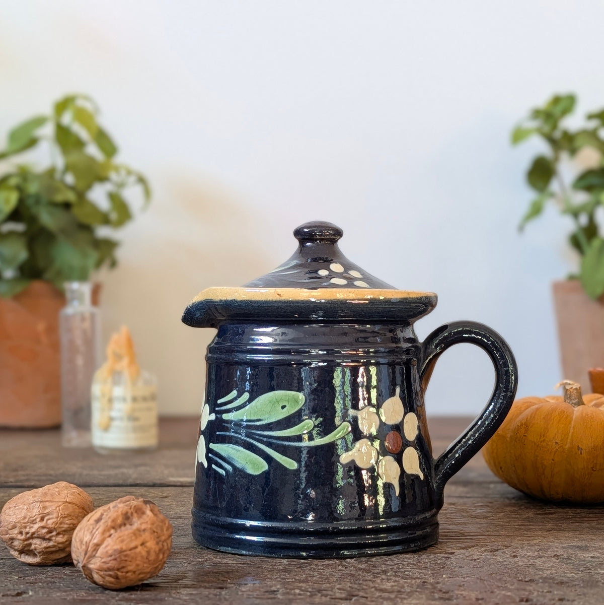 Alsatian Deep Blue Glazed Earthenware Lidded Jug