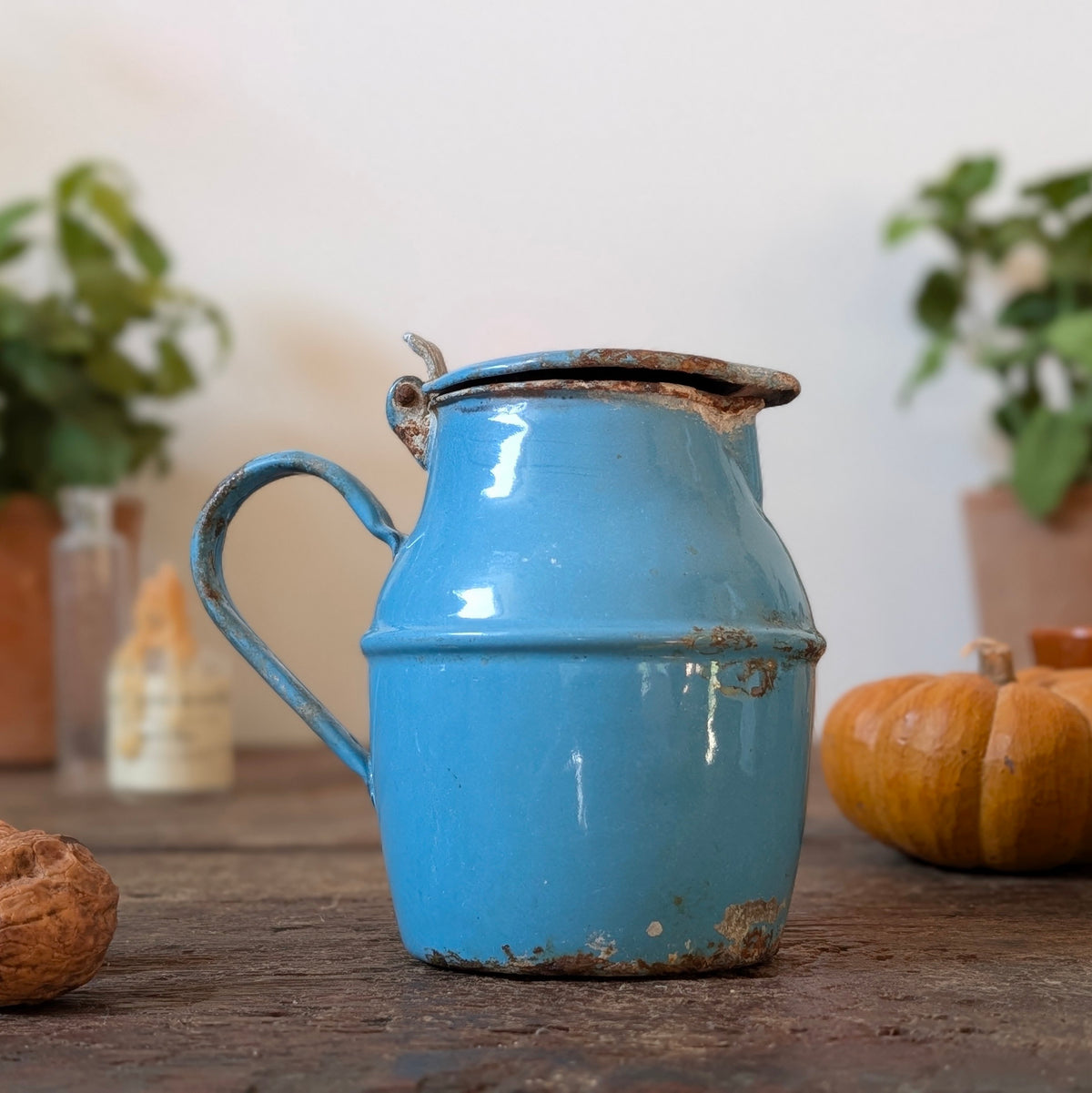 Blue Enamel Lidded Milk/Syrup Jug