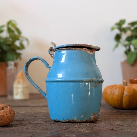 Blue Enamel Lidded Milk/Syrup Jug