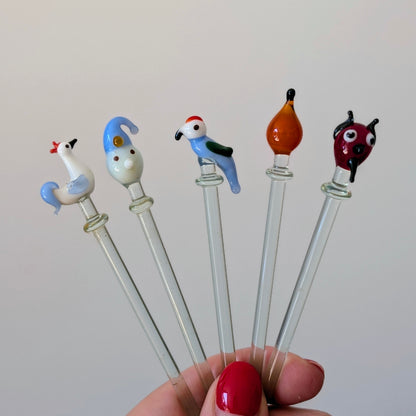 Set of Hand-Blown Glass Animal Cocktail Swizzle Sticks, Murano Style