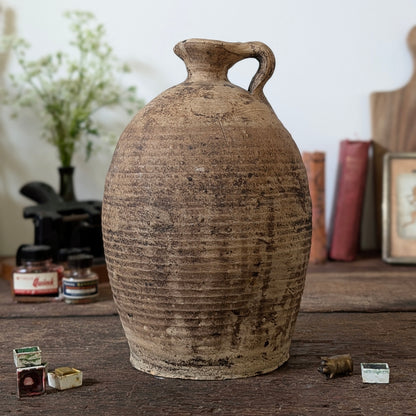 Large French Ribbed Stoneware Jug with Loop Handle