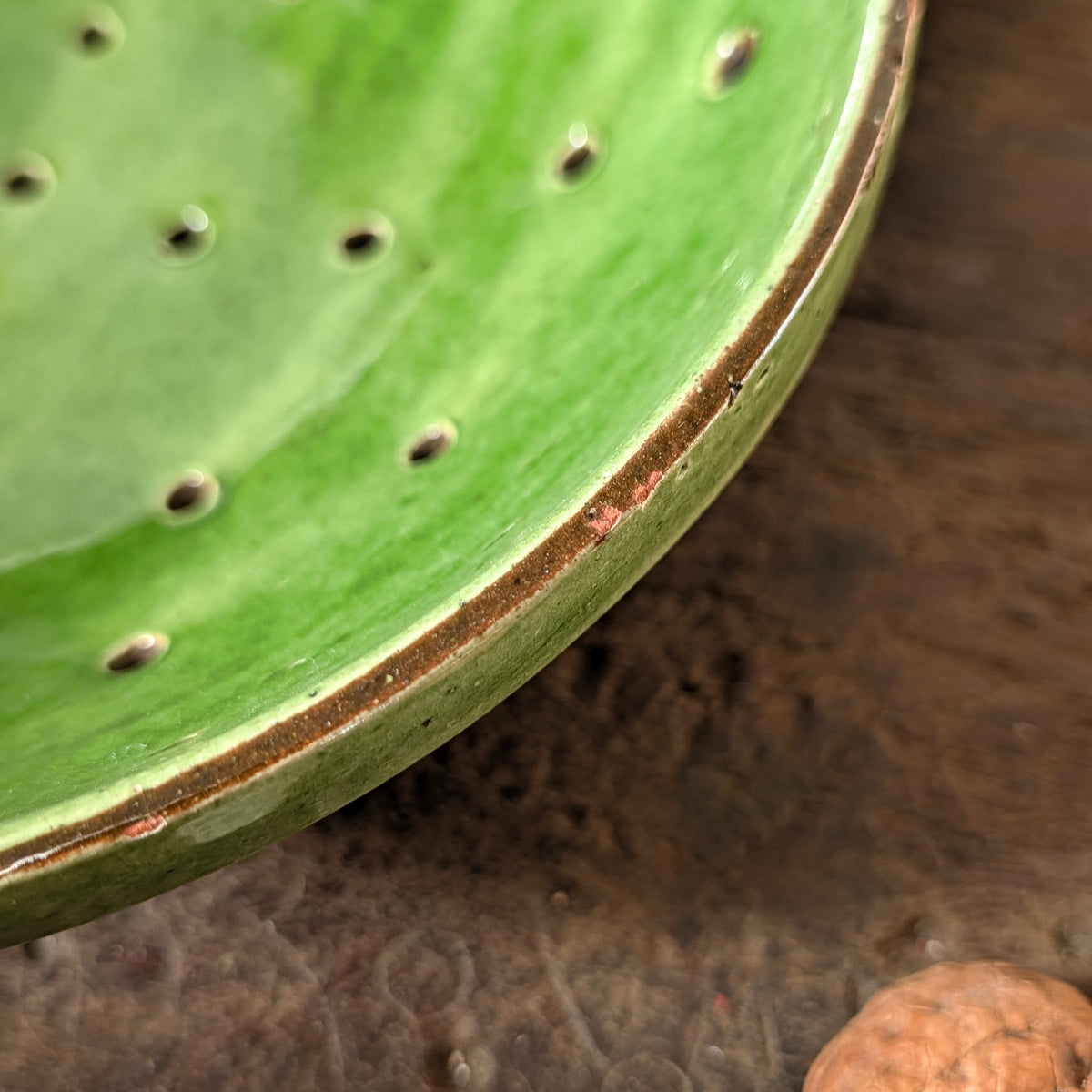 French Green Glazed Terracotta Colander and Bowl Set