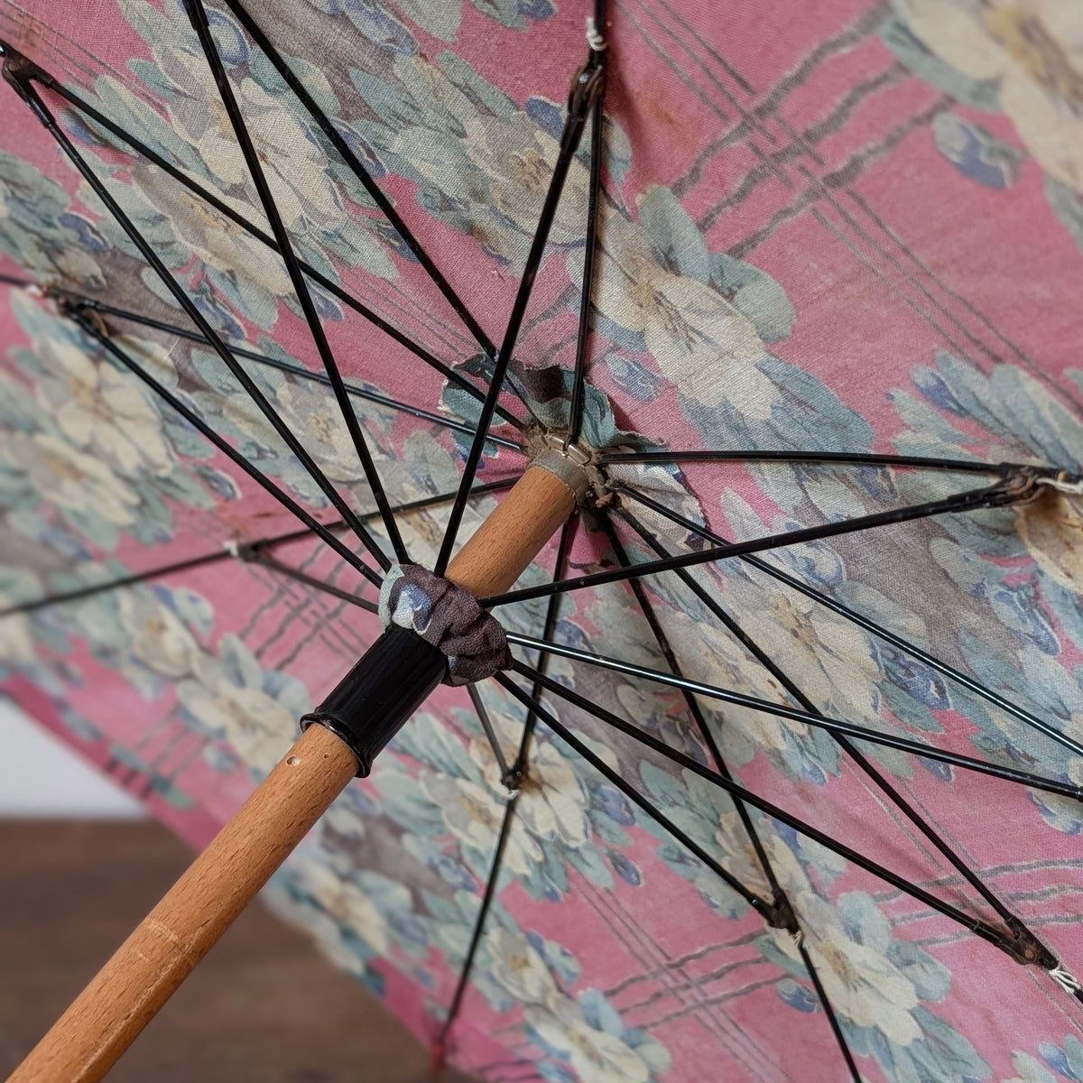 Early 20th Century Floral Parasol with Painted Wooden Handle