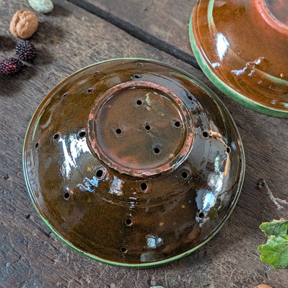 French Green Glazed Terracotta Colander and Bowl Set