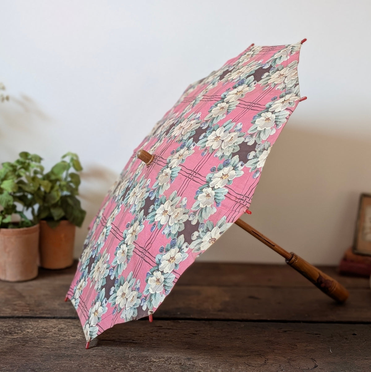 Early 20th Century Floral Parasol with Painted Wooden Handle