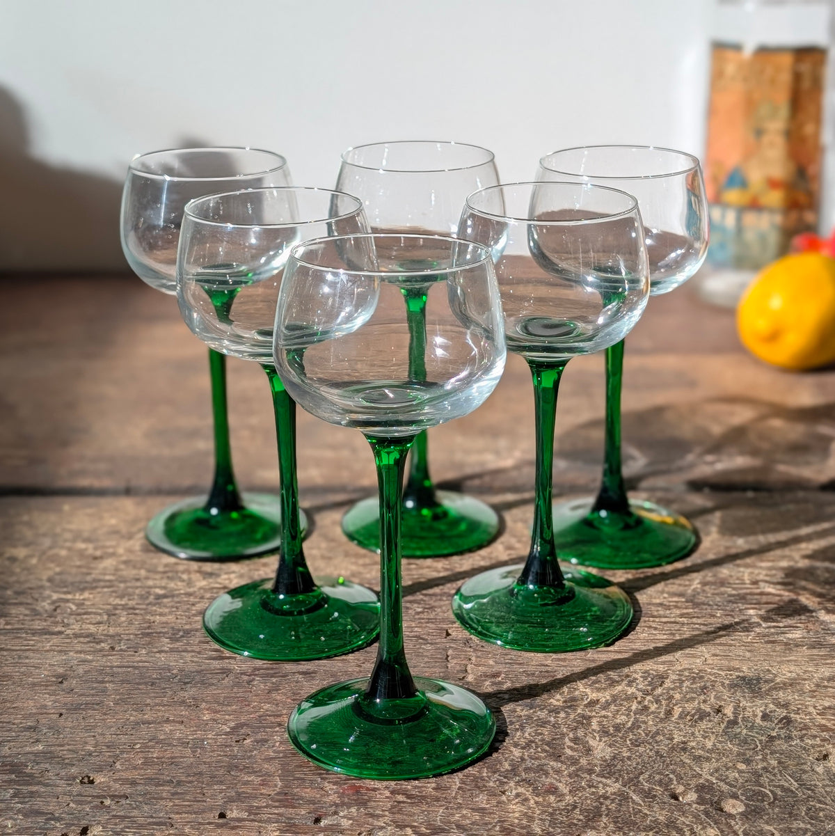 Set of Six Green Stemmed Wine Glasses