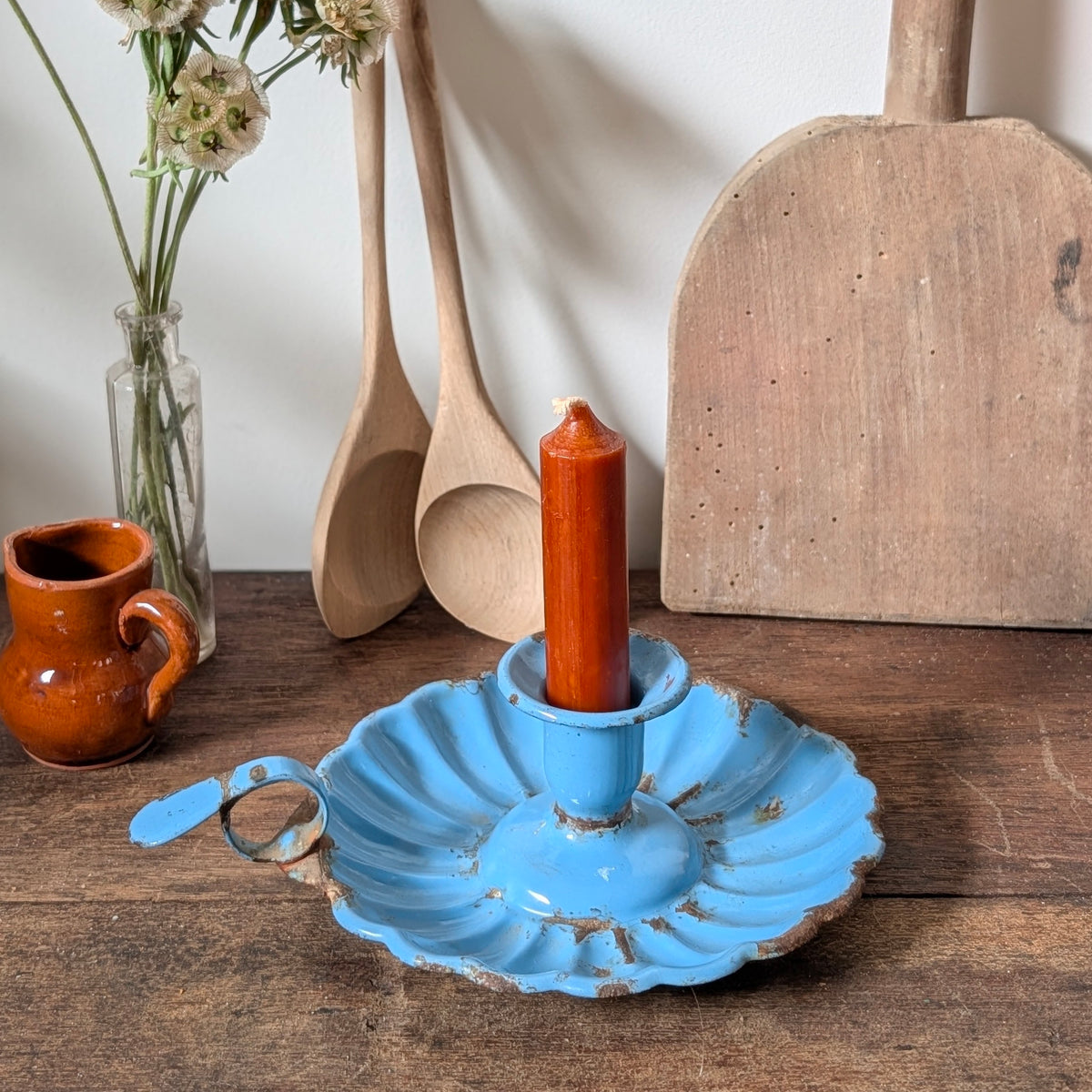 Blue Enamel Scalloped Chamberstick Candle Holder