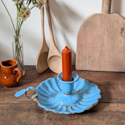 Blue Enamel Scalloped Chamberstick Candle Holder