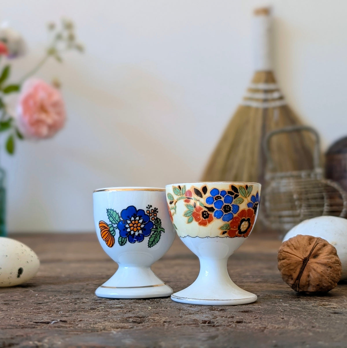 Pair of Mismatched Vintage Floral Egg Cups