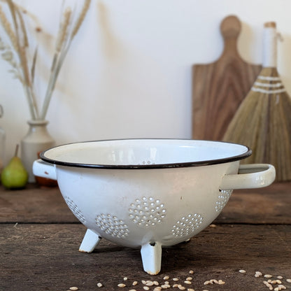 Vintage White & Black Enamel Footed Colander