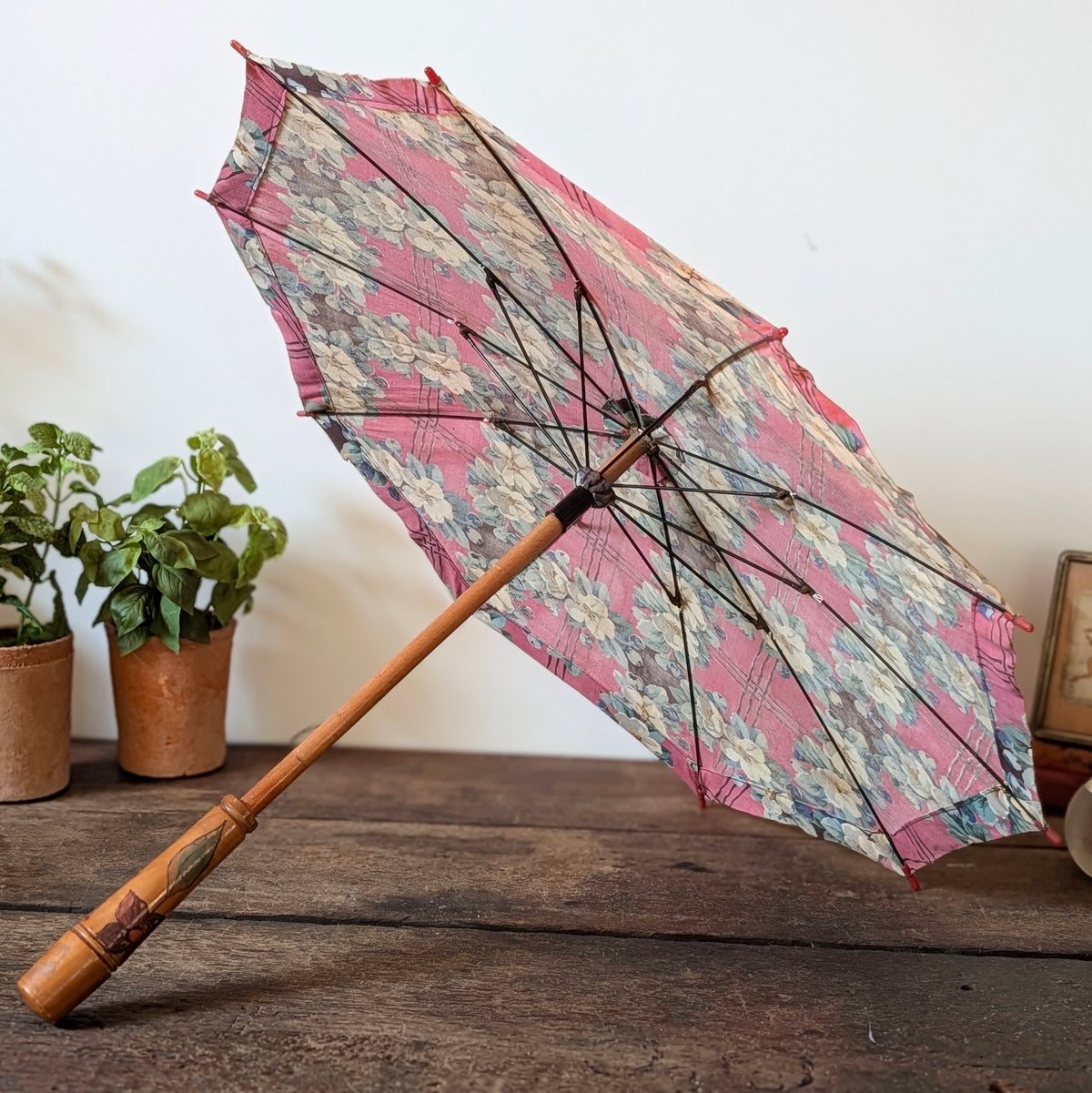 Early 20th Century Floral Parasol with Painted Wooden Handle