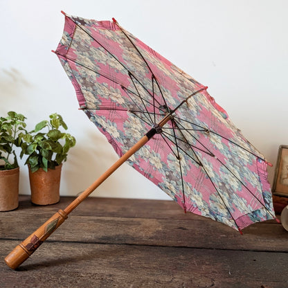 Early 20th Century Floral Parasol with Painted Wooden Handle