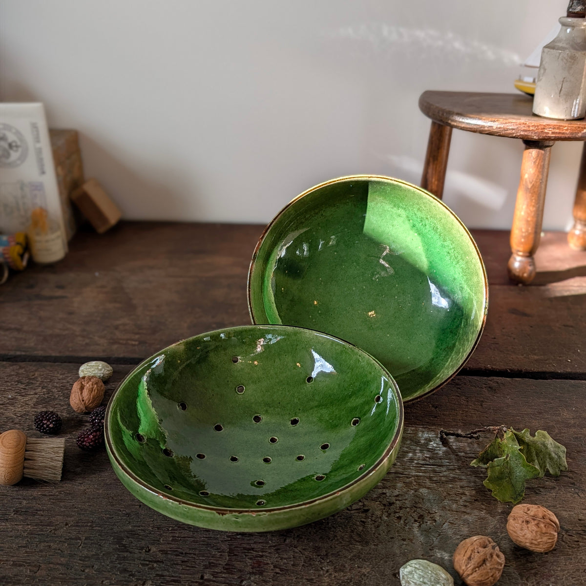 French Green Glazed Terracotta Colander and Bowl Set