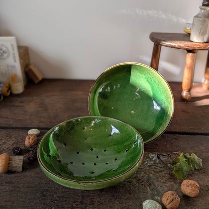 French Green Glazed Terracotta Colander and Bowl Set
