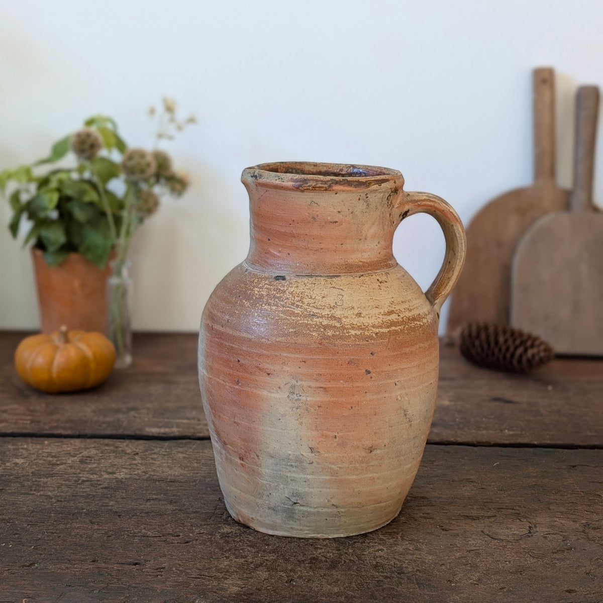 Large French Terracotta Jug with Soft Pink Wash